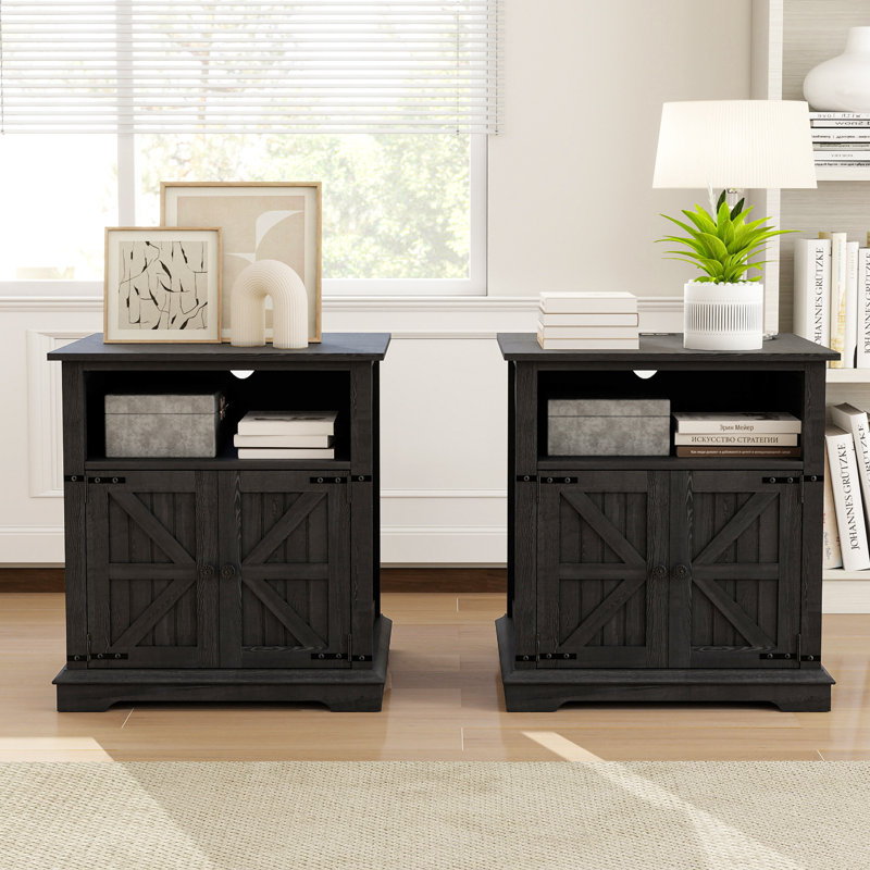 August Grove® Modern Nightstand with Cabinet & Built-In 2 AC Outlets + 2 USB Ports – Farmhouse Style End Table with Barn Door