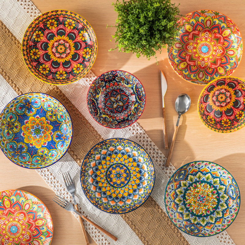 Ensemble de 6 bols à pâtes à imprimé bohémien, bols en céramique de 32 oz de profondeur, motifs boho assortis pour le service