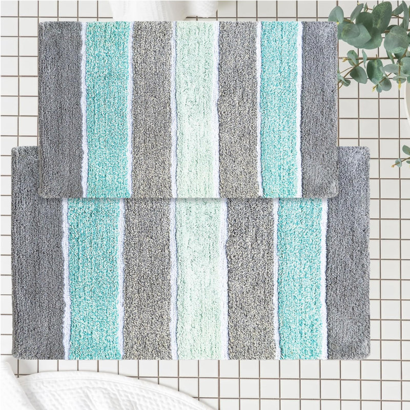 Ensemble de 2 tapis de bain à rayures antidérapants 100% coton Cervantes, Vert menthe, 21''x34''/17''x24''