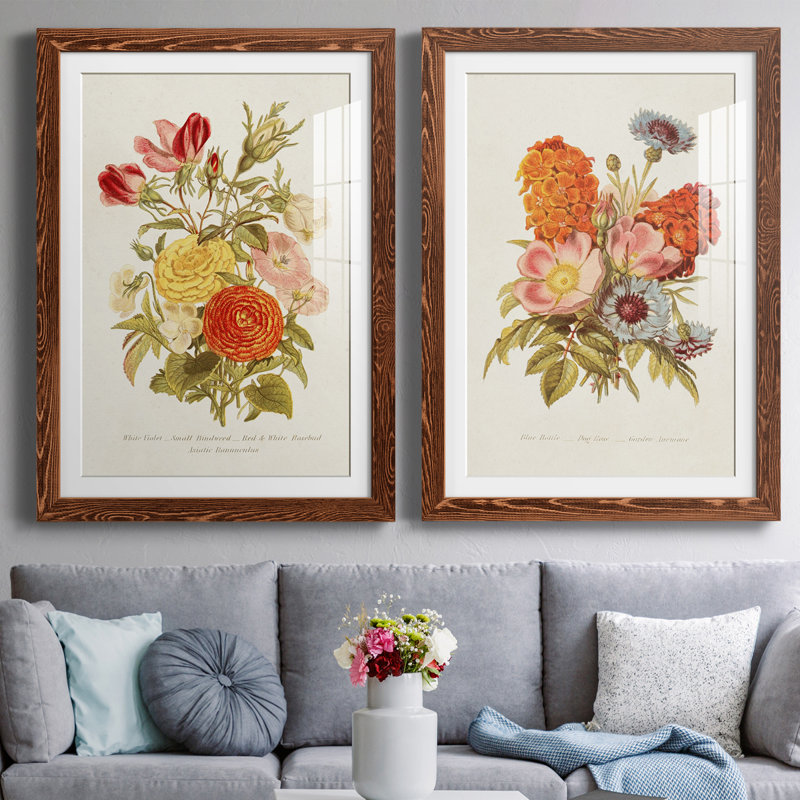 Antique Floral Bouquet I - Ensemble de 2 reproductions de cadres photo, H 20 po x l 34 po x P 1,5 po, Cadre en érable