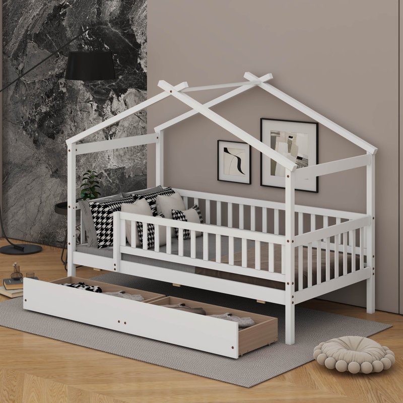 Lit simple en bois avec tiroirs, Blanc