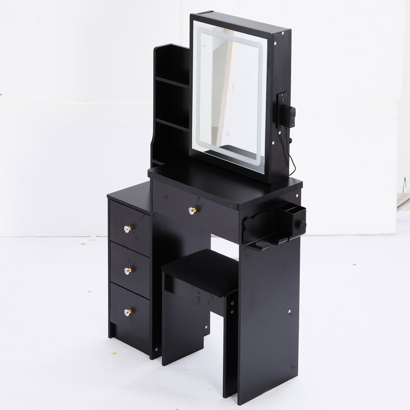Petite table de maquillage de chambre à coucher - 2 AC et ports, miroir coulissant à DEL tactile, tabouret inclus, noir, meuble-lavabo compact de style américain avec tabouret et prises de courant, écran tactile à 3 réglages de couleur,
