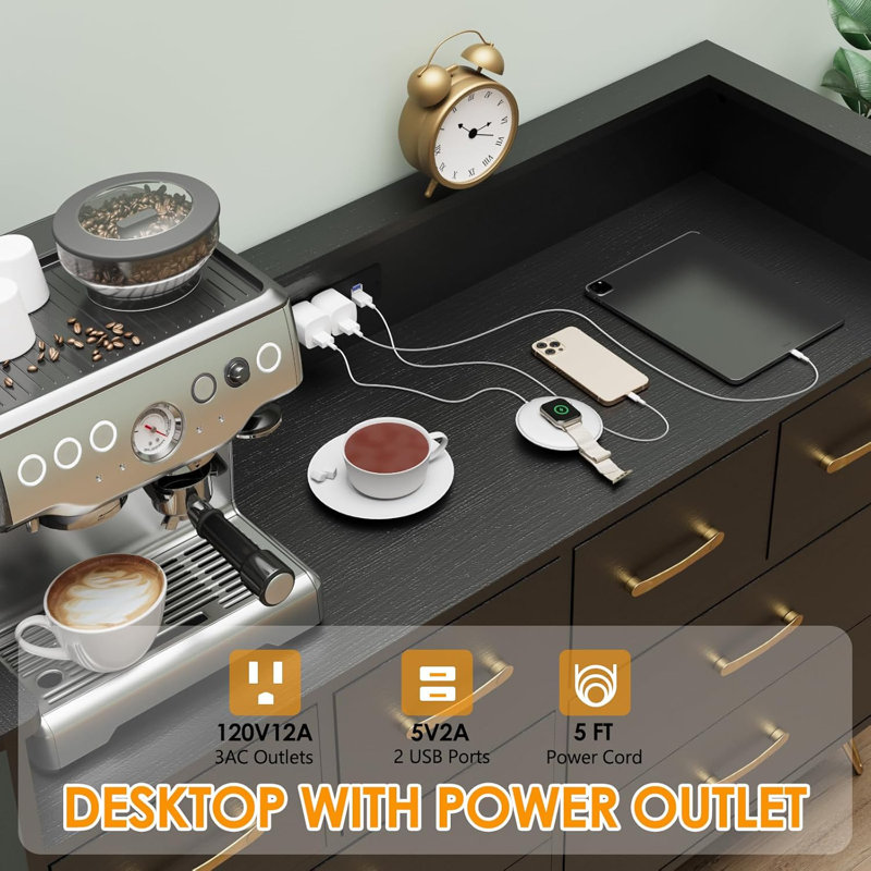 Commode 8 tiroirs avec lumière DEL et station de charge, Doré, Noir
