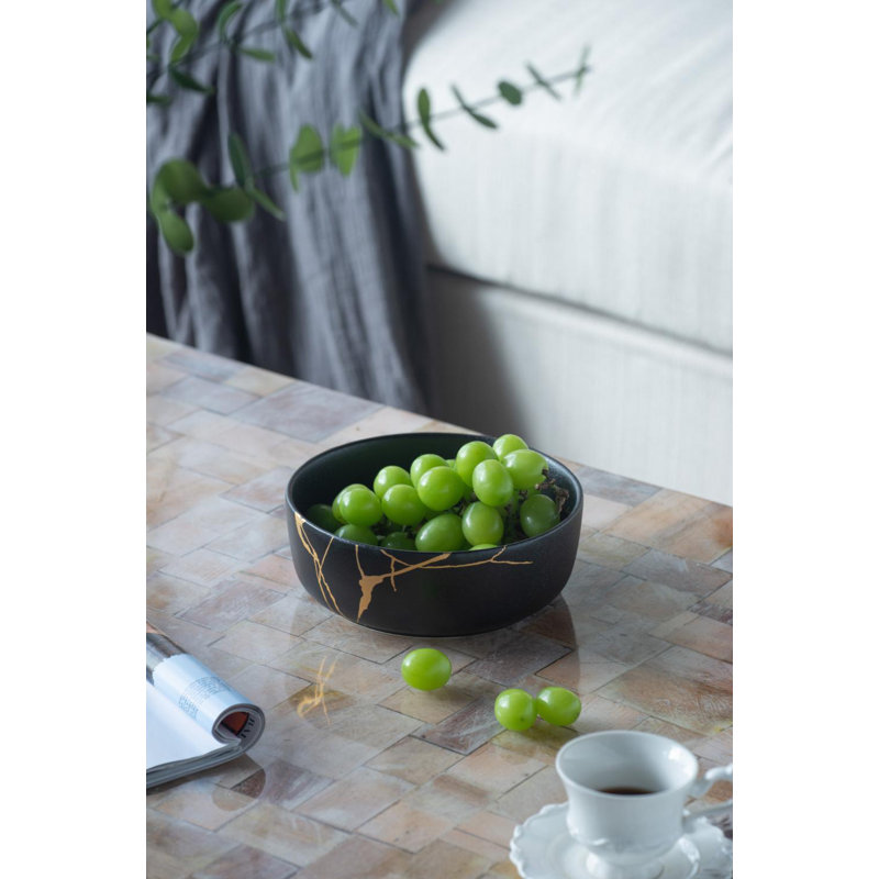 Serving Bowl with Gold Details - Set of 4 - 7"Dia. x 2.5", Black/Gold