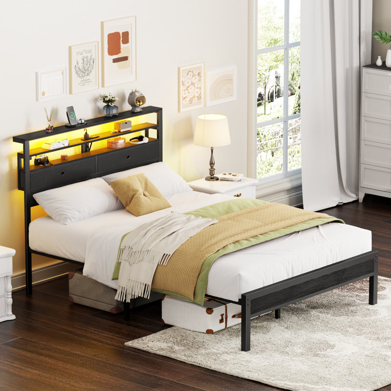 Black Oak & Metal Bed Frame with LED Lights, Charging Station, Storage Shelves & 2 Fabric Drawers, Noise-Free Metal Slats Support, No Box Spring Needed