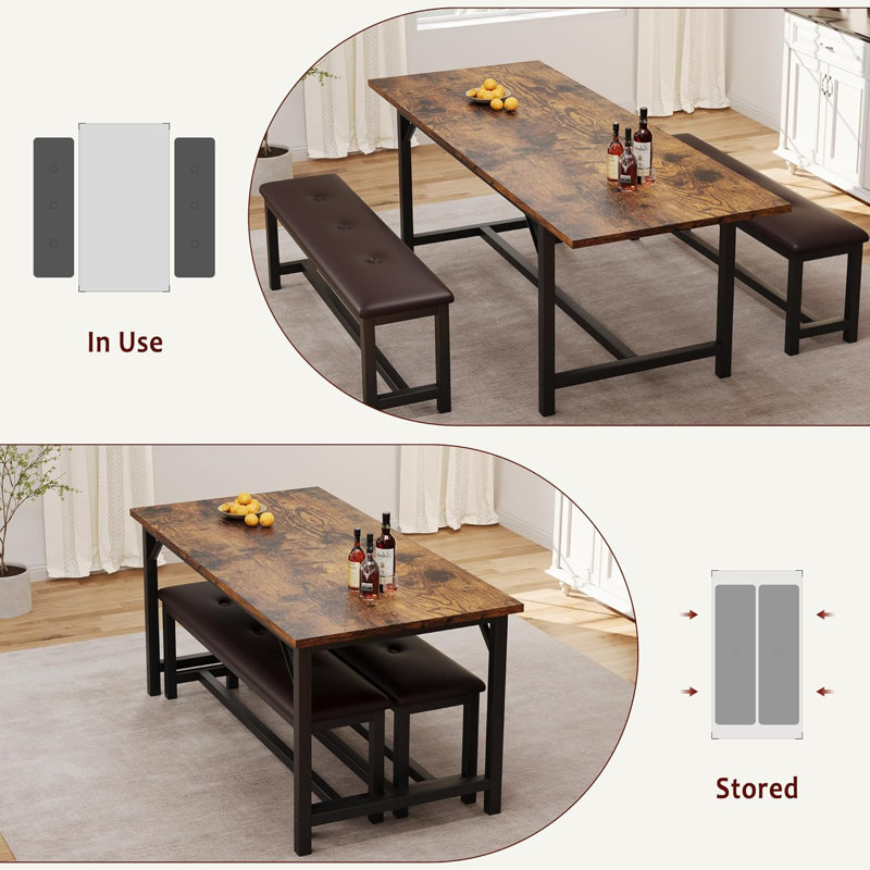63" Dining Table Set for 4-6, Large Extendable Kitchen Table Set with 2 Upholstered Benches for 6, 3 Piece Rectangle Dining Table Set for 4 for Apartment, Saving Space