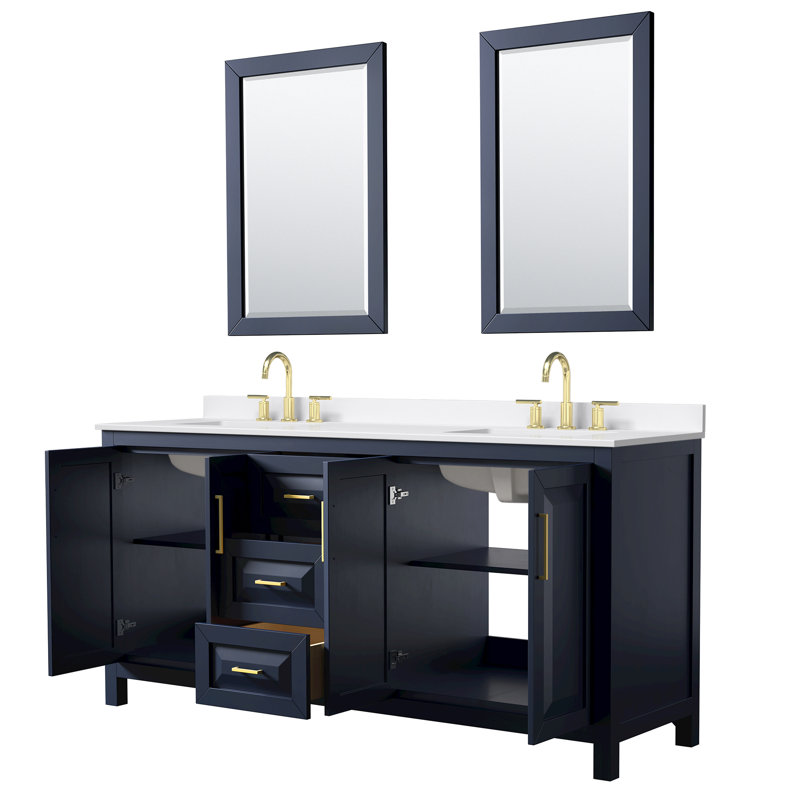 Daria 72'' W Vanity, White Quartz, Blue, Brushed Gold
