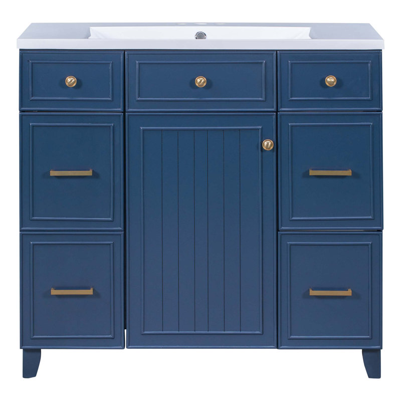 Meuble-lavabo de salle de bain avec comptoir de lavabo, porte à fermeture douce et 3 tiroirs, Bleu marine