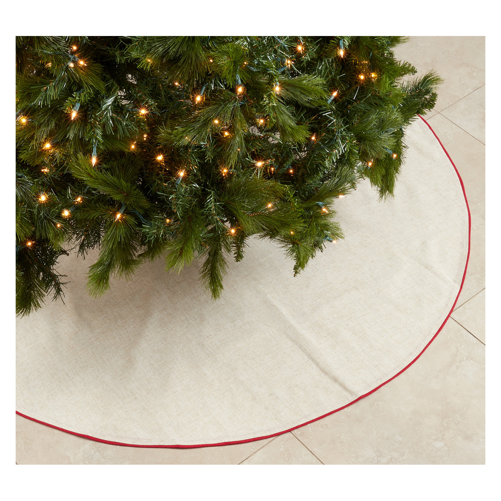 Nylah Tree Skirt, 72", Natural/Red Piping