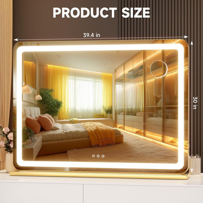 Miroir de salle de bain 39,4 "x 30" à DEL lumineux avec 3 modes de couleurs à intensité variable, commande tactile intelligente, fixation murale ou de table, finition dorée
