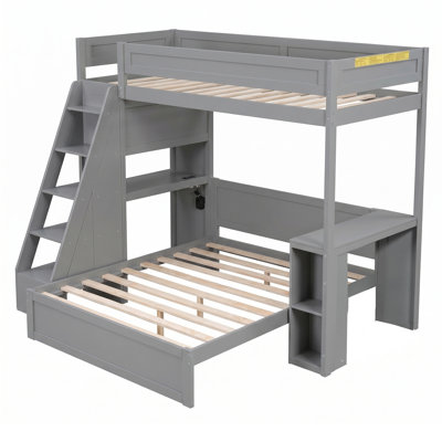 Twin XL Over Full Loft Bed With Desk, Shelves And USB, Wood Bunk Bed For 2,  Solid Wood Bed Frame, Gray Finish