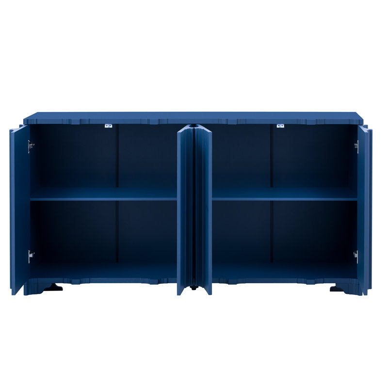 Buffet à quatre portes avec détails linéaires complexes, finition en placage de pin et assemblage facile - pour les intérieurs résidentiels, bleu marine avec placage superposé, pieds triangulaires saisissants, milieu rehaussé