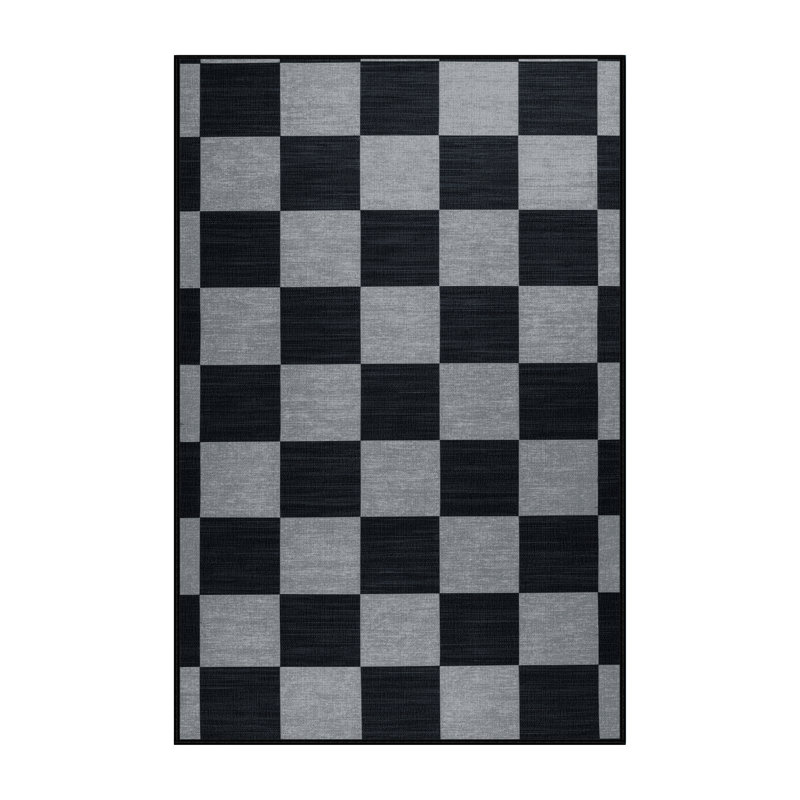 Tapis gris à carreaux lavable à la machine, Rectangle 7 pi x 10 pi