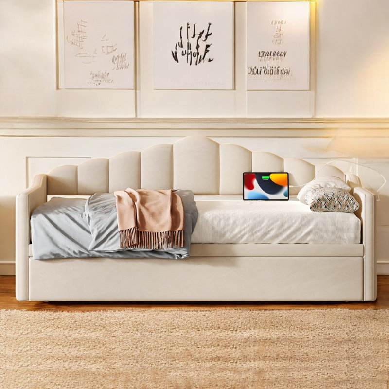 Lit de jour rembourré avec couchette, Beige