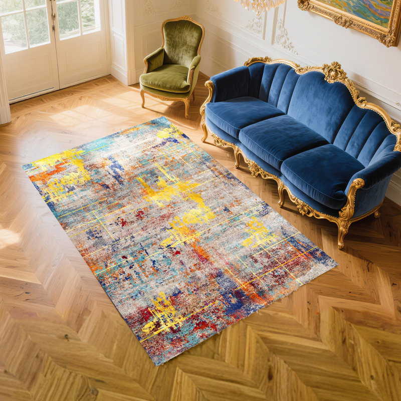 Colorful Distressed Modern Rug & Blue, Gray, Orange Abstract Shapes, Indoor Non-Slip Carpet , Rectangle 6' x 9'