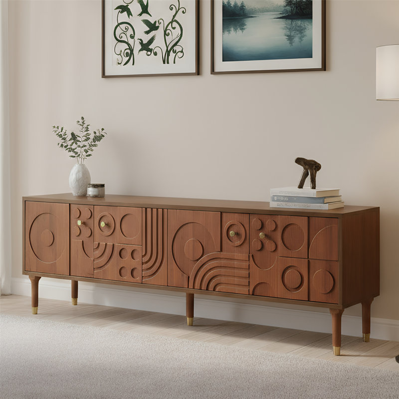 Mid-Century Tv Stand With Artistic Carved Doors, 66.9In Modern Tv Console With 4 Cabinet Storage, Retro Media Console For 50-75 Inch TV-Walnut