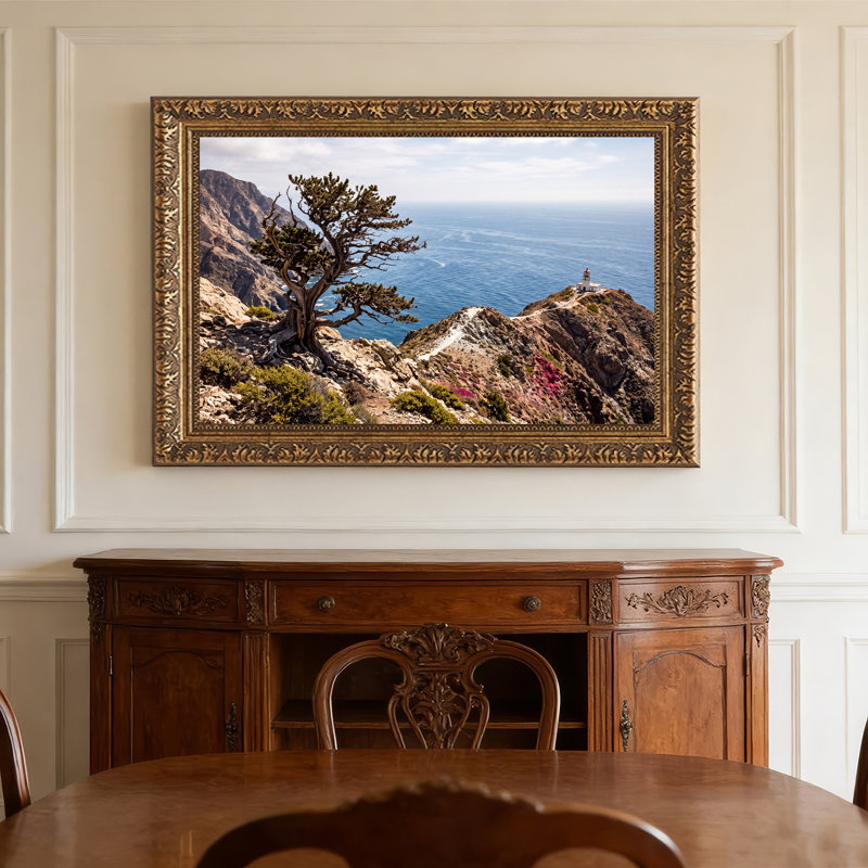 Art mural sur toile Windblown Tree and Lighthouse on Rocky Coast, 20"H x 30"W