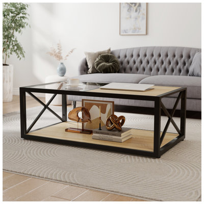 Table basse industrielle moderne avec plateau en verre trempé et bois