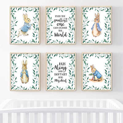 Peter Rabbit Theme Nursery Kids Bedroom Unframed Hanging Wall Art Poster Room Decor, 8.5x11-inch, Greenery Green Leaves, Even the Smallest One Can Change the World, 6-Pack