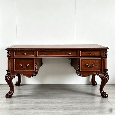 Traditional American Solid Wood Writing Desk with Hand Carved Cabriole Legs  5 Storage Drawers