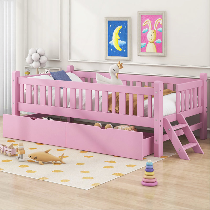 Lit plateforme robuste avec garde-corps et plusieurs options de rangement, Rose