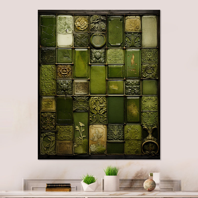 «Green Stones Tiles I» - art mural en métal abstrait, H 32 po x l 16 po x P 1 po