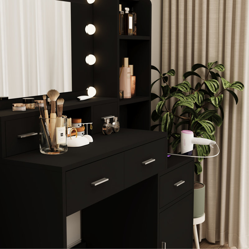 Coiffeuse de chambre à coucher avec miroir et: rangement spacieux, prise de courant, tabouret rembourré, coiffeuse moderne: ampoule, tiroirs, 2 ports