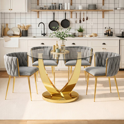 38.9" Round Glass Dining Table Set for 4, Modern Round Dining Table Set with 4 Velvet Chairs, 5 Pieces Clear Glass Dining Table set for Kitchen, Dining Room, Apartment