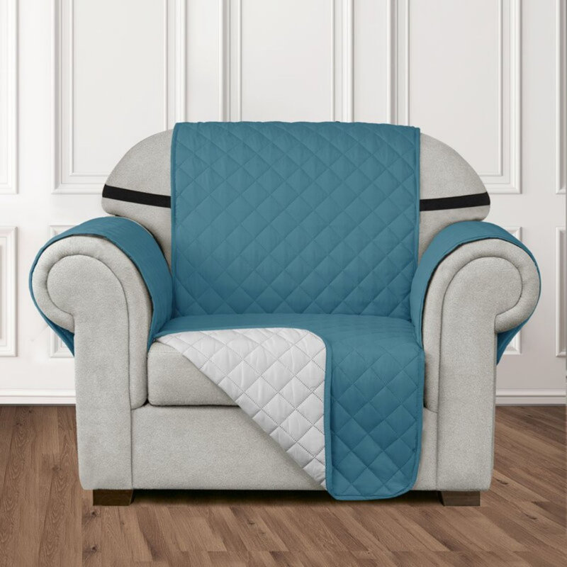 Quilted Reversible with Pockets and Adjustable Strap Armchair Slipcover, Blue