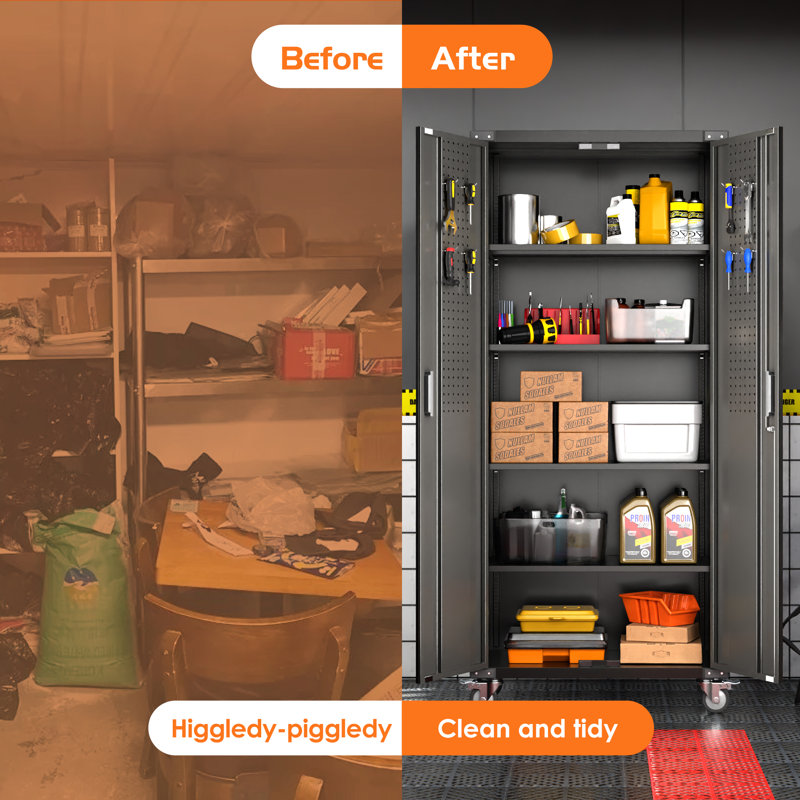 72" H Garage Storage Cabinets with Wheels,Metal Storage Cabinets with Door Pegboard for Garage Home Office Storage,Assembly Required