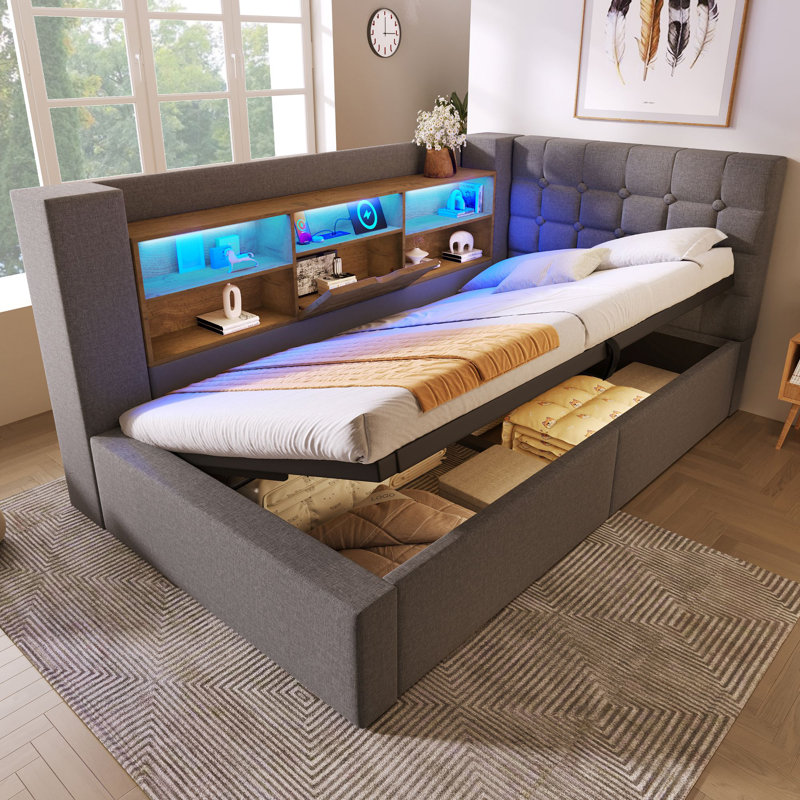 L-Shaped Linen Bed with LED & Charging Ports, Hydraulic Storage, 2 Color Options, Gray