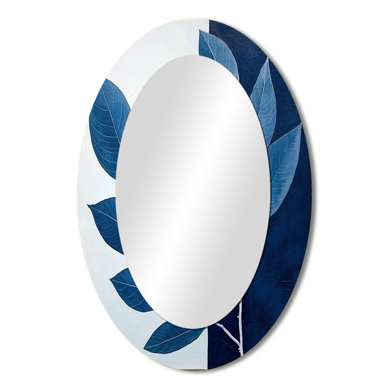 Blue Indigo Leaves Harmony I - Floral Oval Decorative Mirror On Metal, 36" x 24"