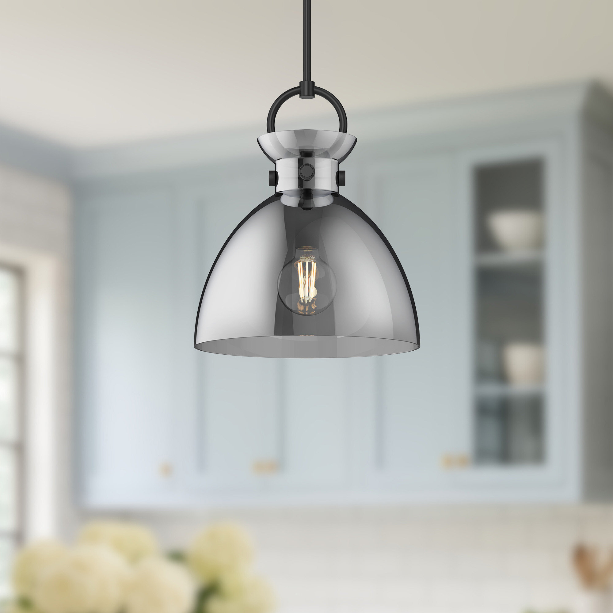 Tinka Single Light Glass Steel Pendant, Smoked, 17.13" H x 14" W x 14" D, Matte Black