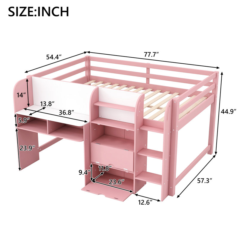 Lit mezzanine bas rose pleine grandeur avec bureau intégré, bibliothèque ouverte, armoires de rangement, caractéristiques et solution d'économie d'espace pour la chambre à coucher en rose, construit sous le rangement, tableau blanc, marqueur sécuritaire