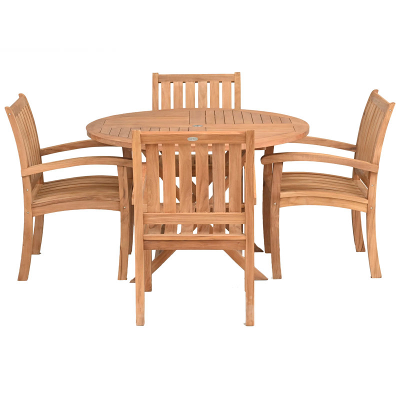 Ensemble de salle à manger 5 pièces en bois de teck comprenant une table ronde Java de 47 po et 4 fauteuils Abacho