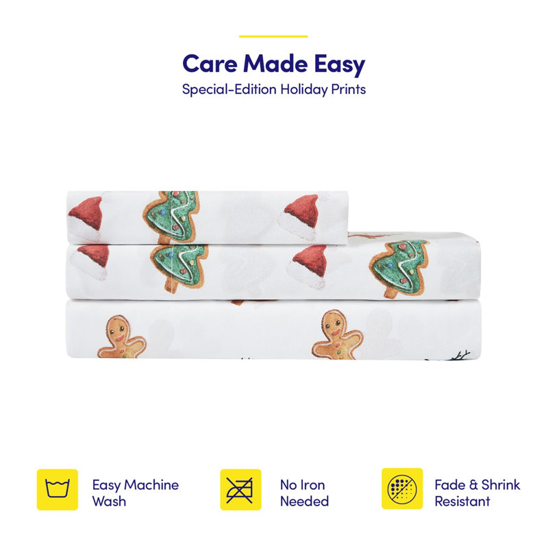 Printed Holiday 3Pc Sheet Sets, Easy Care, Soft & Wrinkle-Resistant Holiday Bedding - Holiday Cookies, Twin