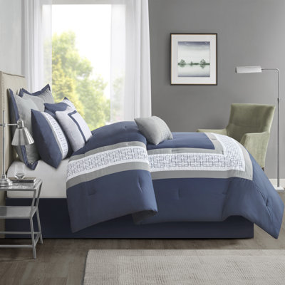 Powell Navy Embroidered Pieced 8-Piece Queen Comforter Set