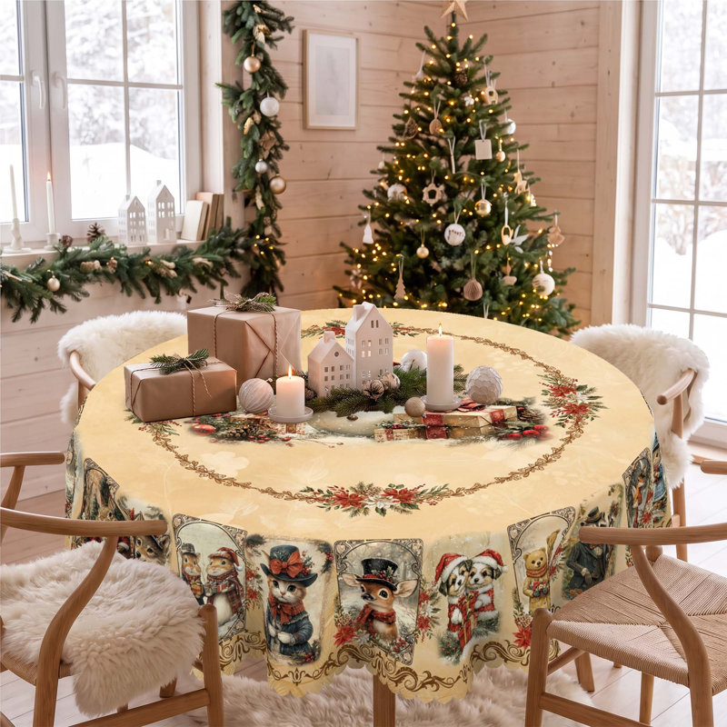 Multiple Christmas Snowman Pattern Designs Off-White Washable Polyester Tablecloth