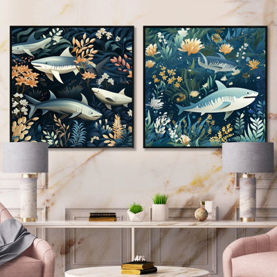 Blue And White Shark Shadows - Animals Shark Square Collage Set Of 2