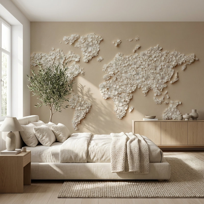 Papier peint carte du monde beige, décoration murale moderne, 100 po x 96 po, Non-Woven Nonpasted