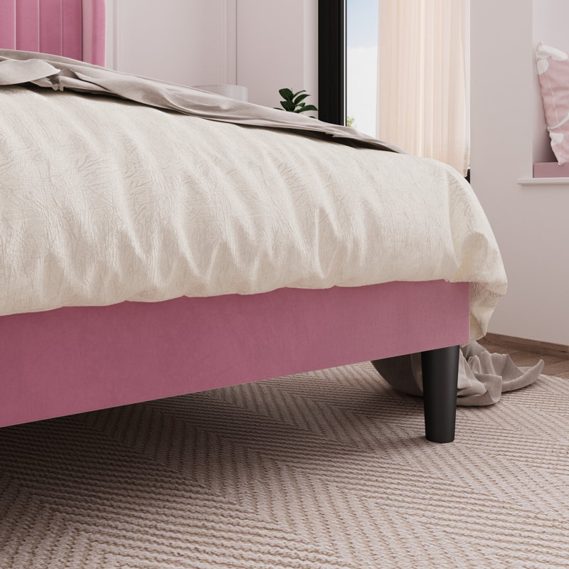 Elegant Pink Velvet Queen Bed with Tufted Wingback Headboard