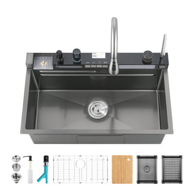 30" Drop-in Single Bowl Stainless Steel Kitchen Workstation Sink with Air Gap, Digital Display 