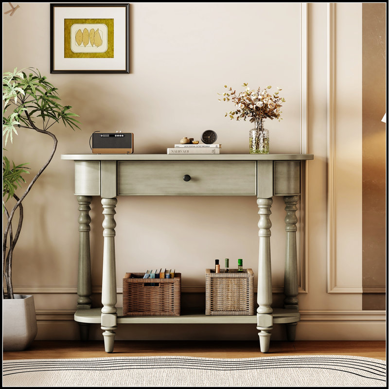 Narrow Console Table With Curved Corners, Retro Design, Top Drawer, And Open Shelf For Entryway, Hallway, And Living Room