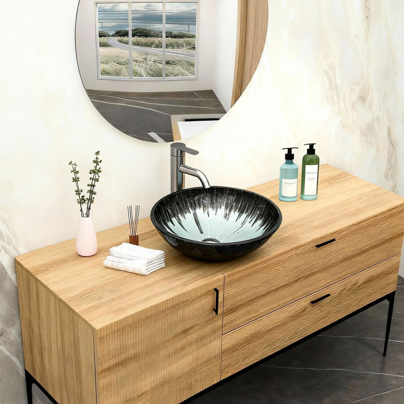 Vasque en verre trempé craquelé artistique pour salle de bain, bonde escamotable, couleur grise, bords arrondis et lisses, montage et nettoyage faciles, convient à plusieurs pièces.
