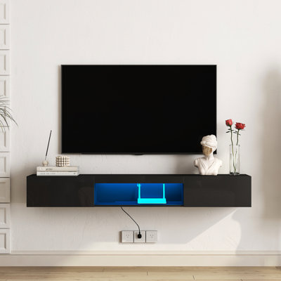 Floating Tv Cabinet With 16 Color , Ideal For Large Living Areas Modern 63" Stand Wall Mounted Entertainment Center 55-65" Tvs, Black
