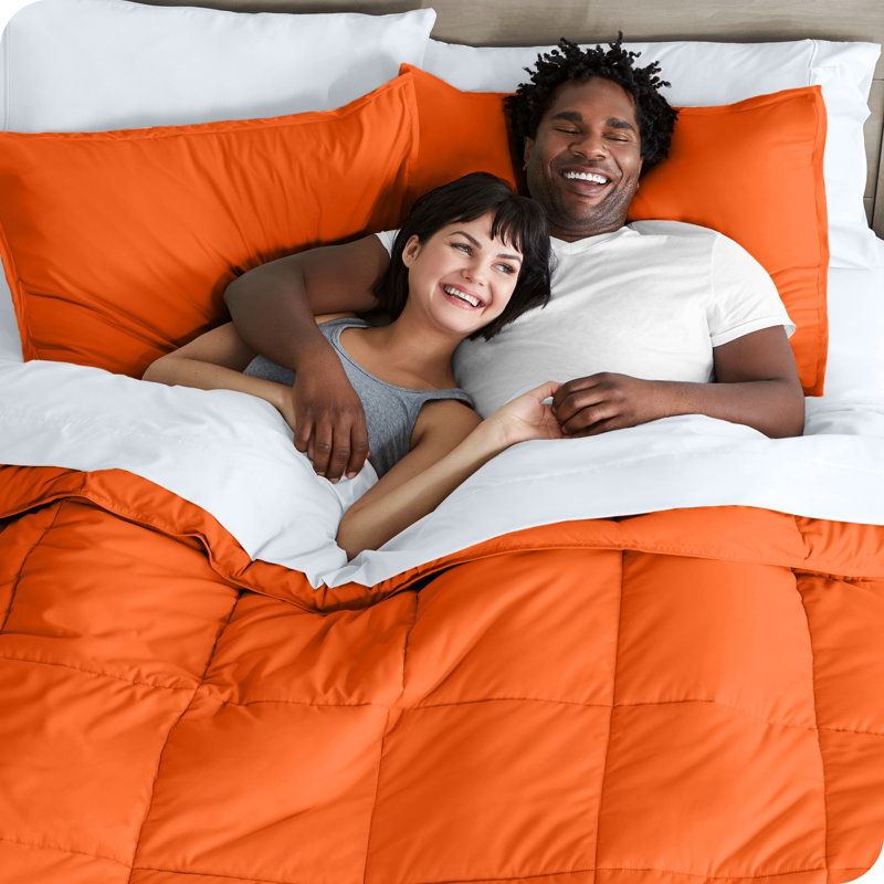 Twin Orange and White Microfiber Down Alternative Bedding Set