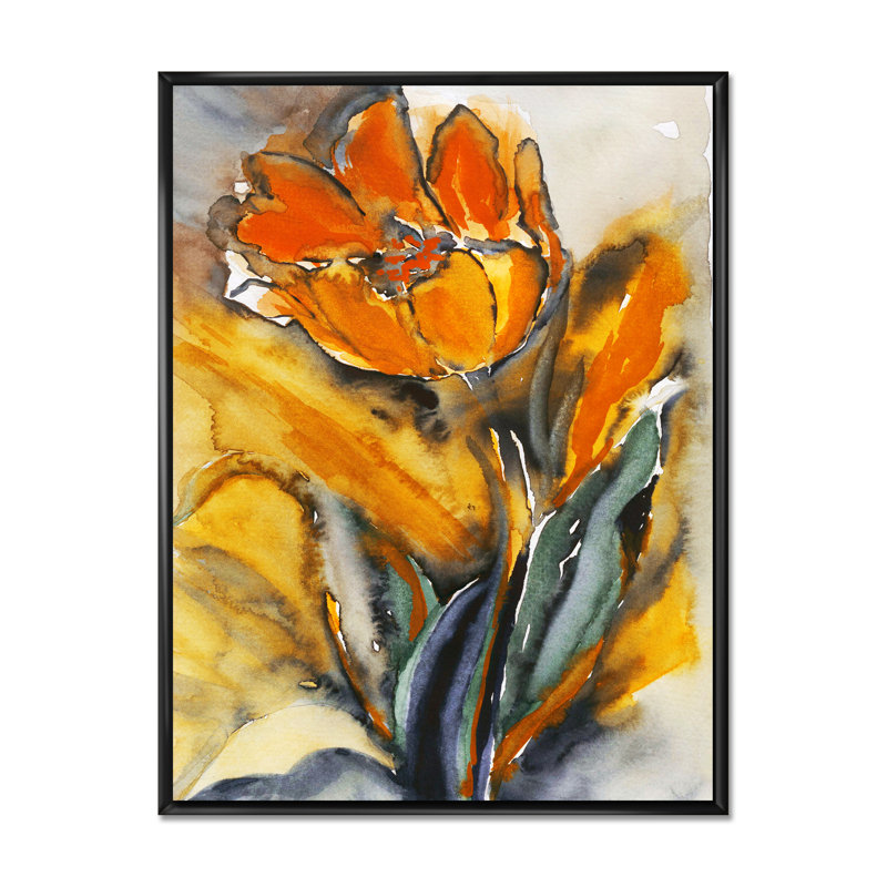 Fleur de tulipe jaune grunge - reproduction sur toile, H 12 po x l 8 po, Cadre flottant noir