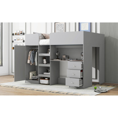 Full Size Loft Bed In Grey With Built-in Wardrobe, Desk And Spacious Storage Units Wood Finish, Desk, Wardrobe - Elegant Bedroom Addition