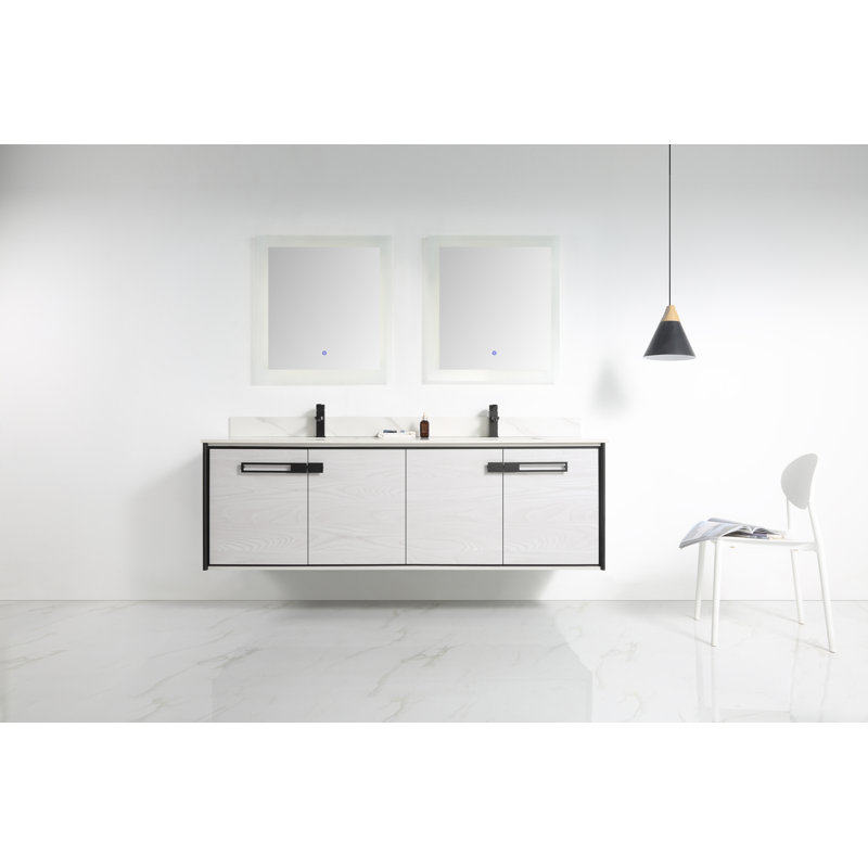 Meuble-lavabo double l 72 po x P 20,06 po x H 23,25 po, Noir mat, Chêne gris doux