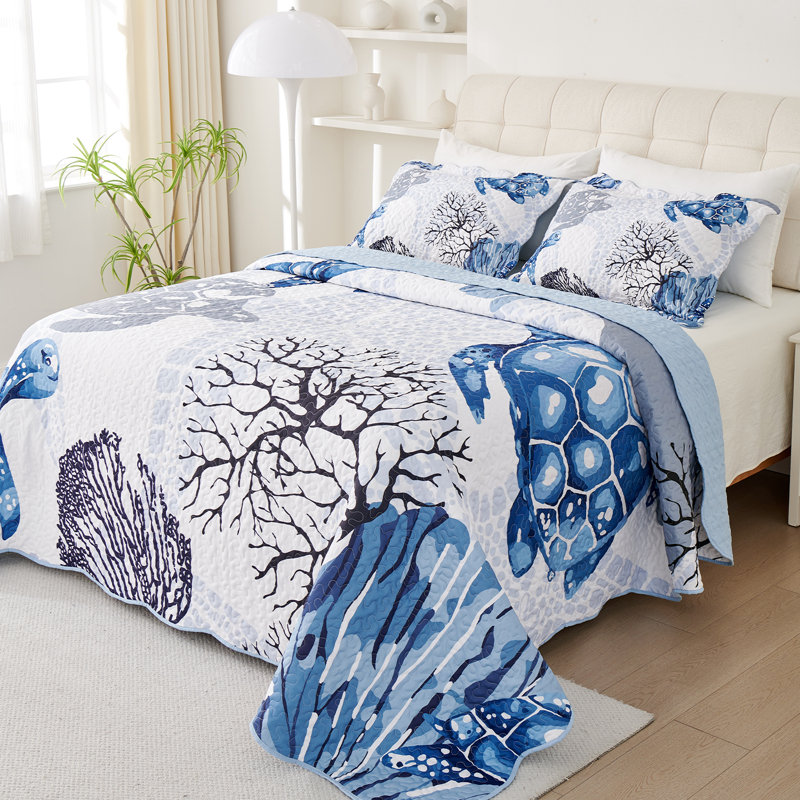 Marine Polyester Quilt Set Summer Bedding Lightweight Quilts, King Quilt + 2 King Shams, Dark Blue Animal Print